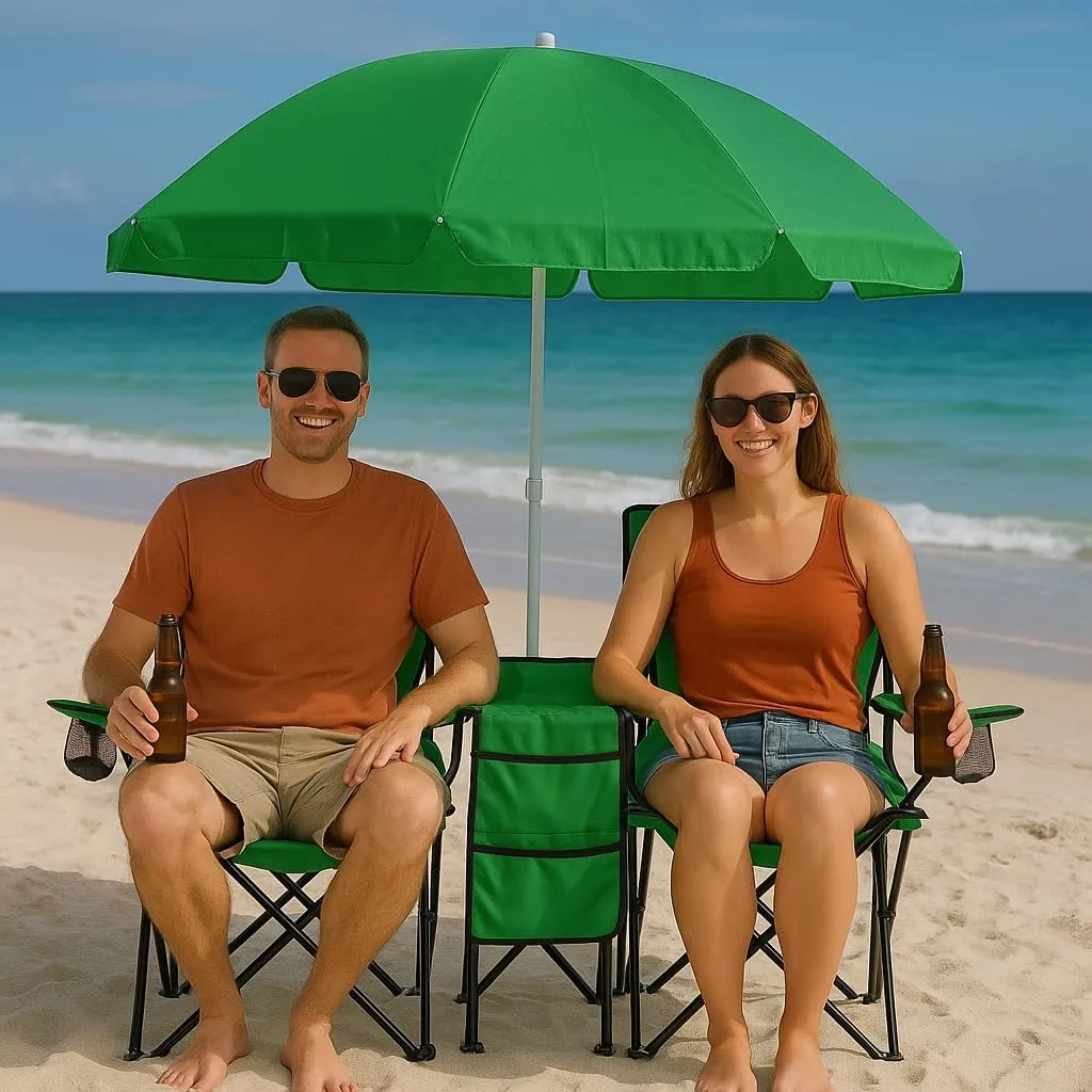 Portable 2-Seat Folding Camp Chair with Cooler, Umbrella & Cup Holders – Outdoor Picnic, Beach, or Tailgate Seating – Carry Case Included (Green)
