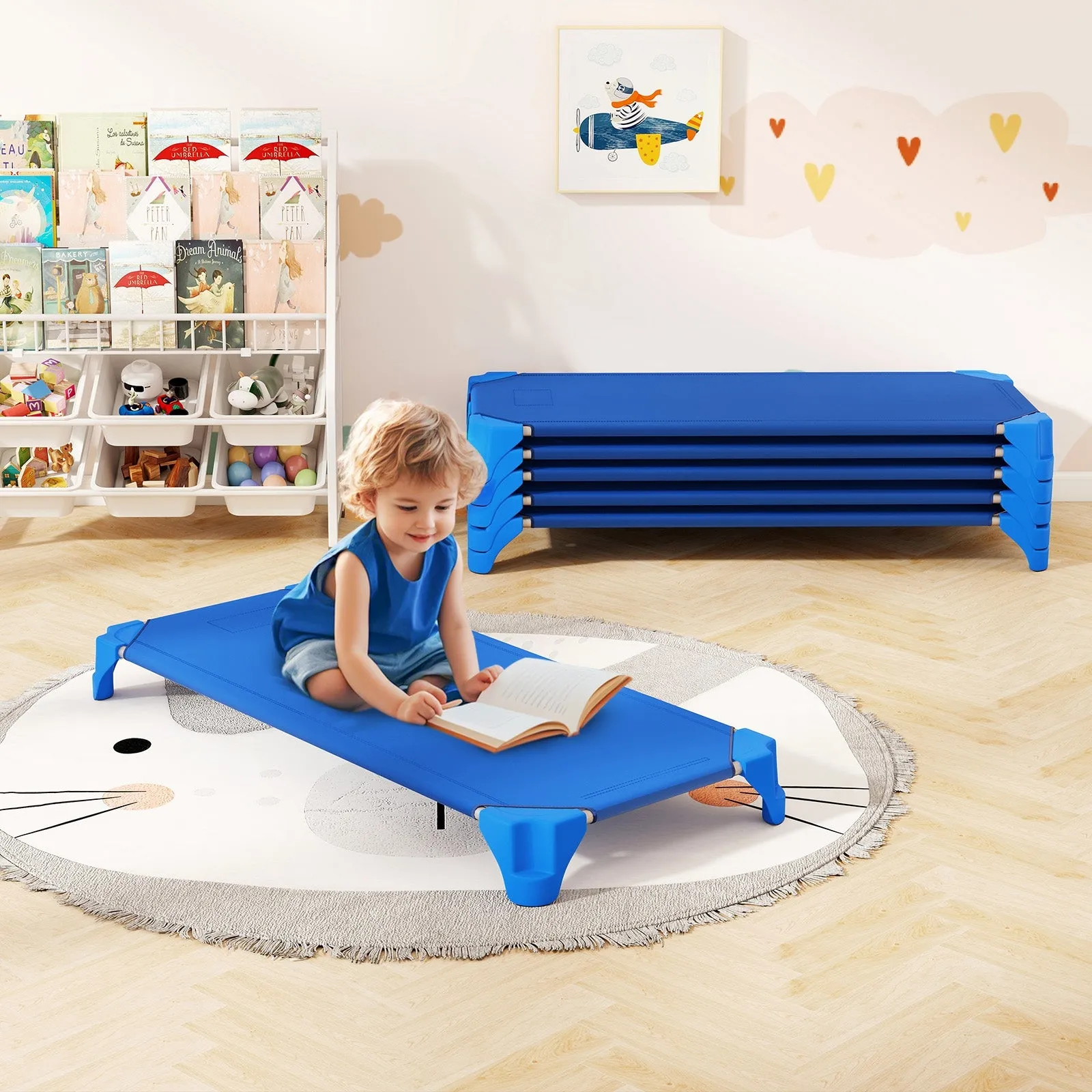 Portable 6 Pack Stackable Daycare Cots Sleeping Bed for Kids 52 Inch-Blue