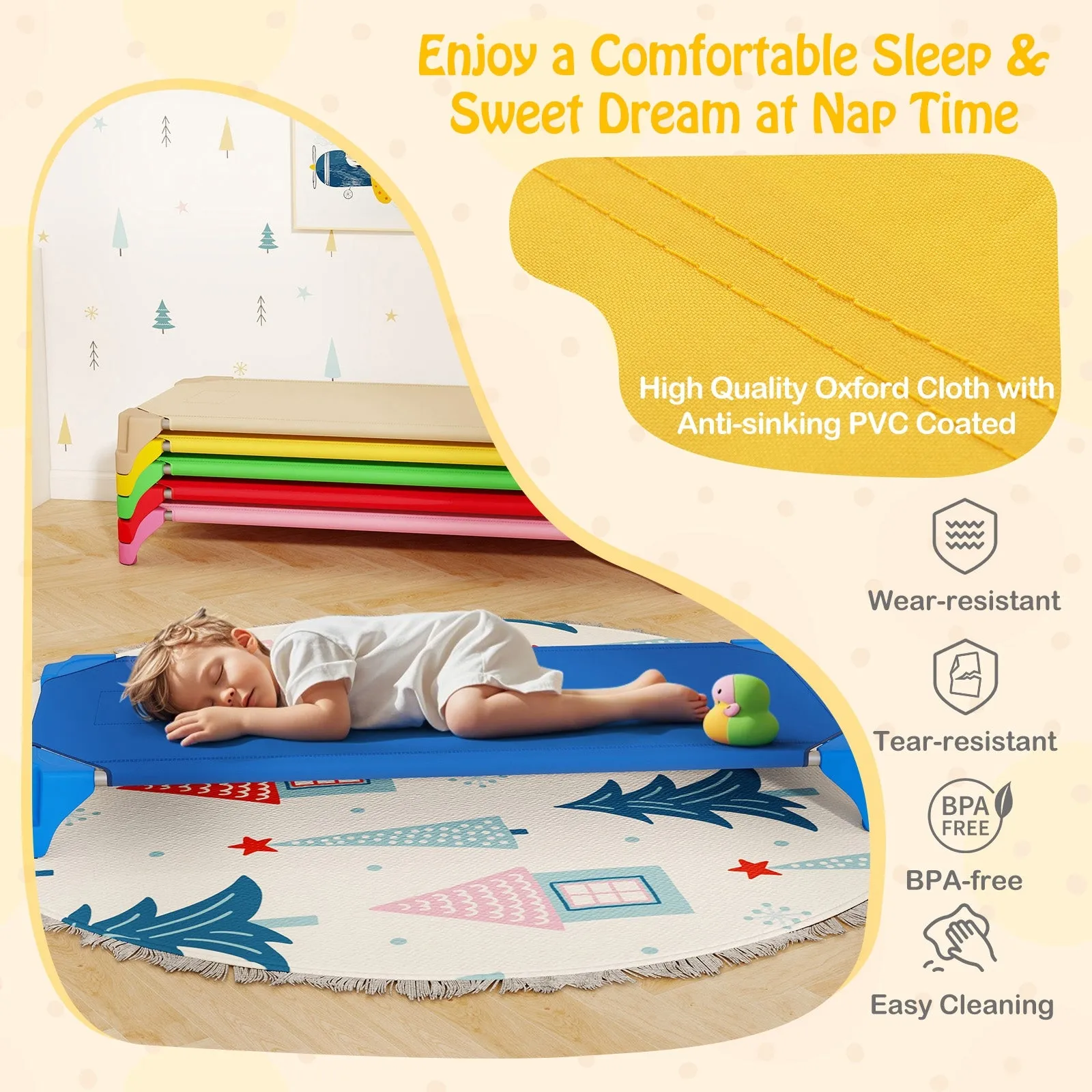 Portable 6 Pack Stackable Daycare Cots Sleeping Bed for Kids 52 Inch-Multicolor
