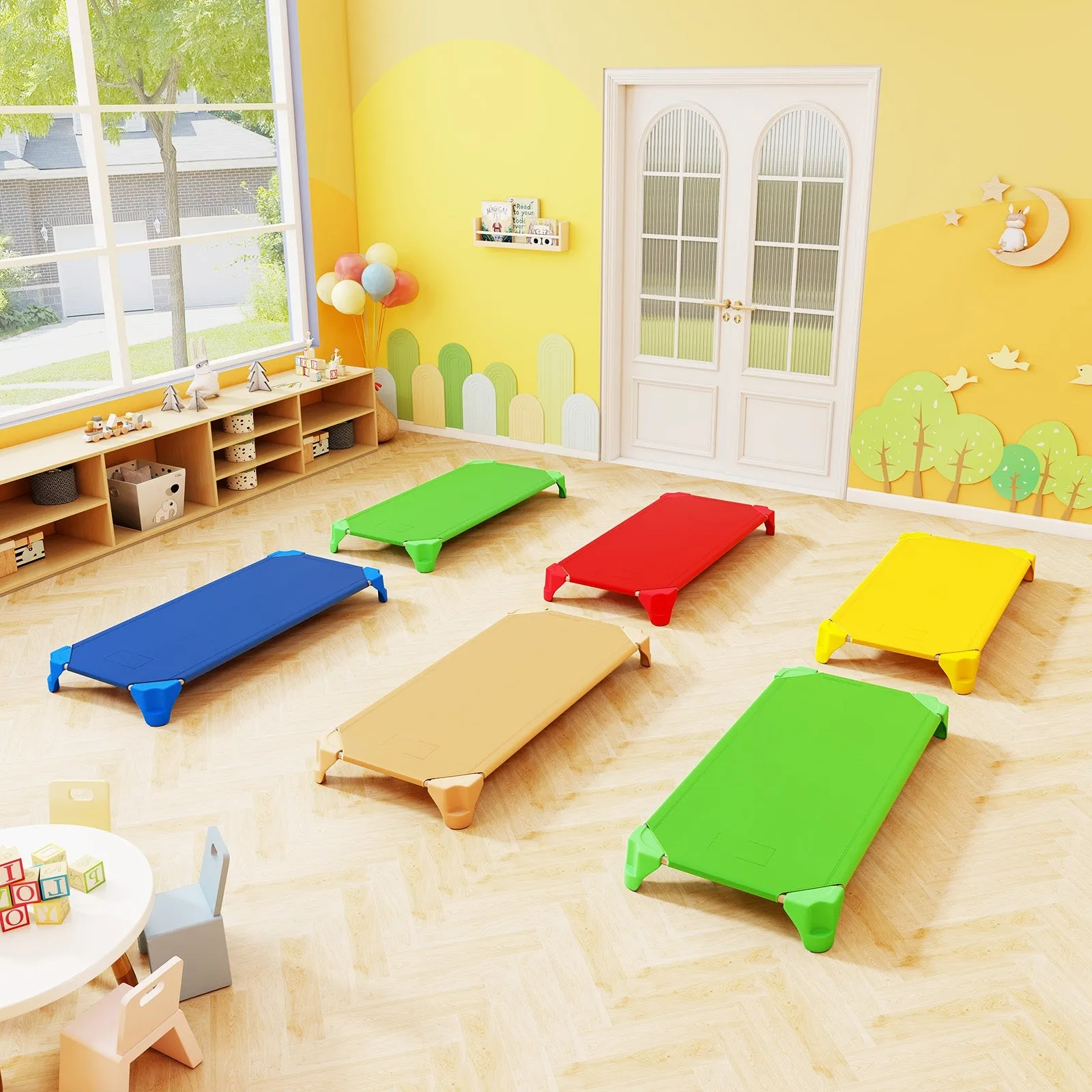 Portable 6 Pack Stackable Daycare Cots Sleeping Bed for Kids 52 Inch-Multicolor