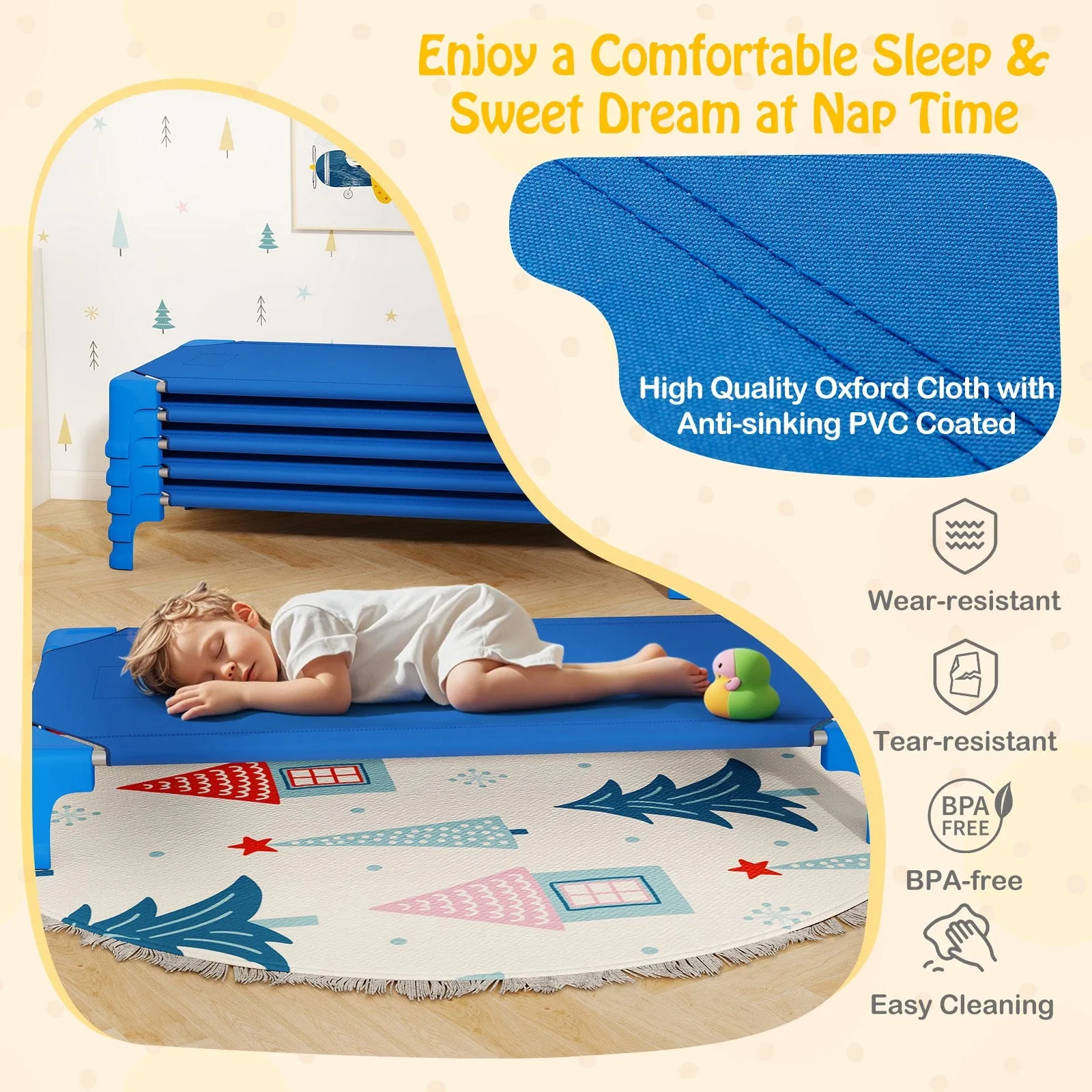 Portable 6 Pack Stackable Daycare Cots Sleeping Bed for Kids 53 Inch-Blue