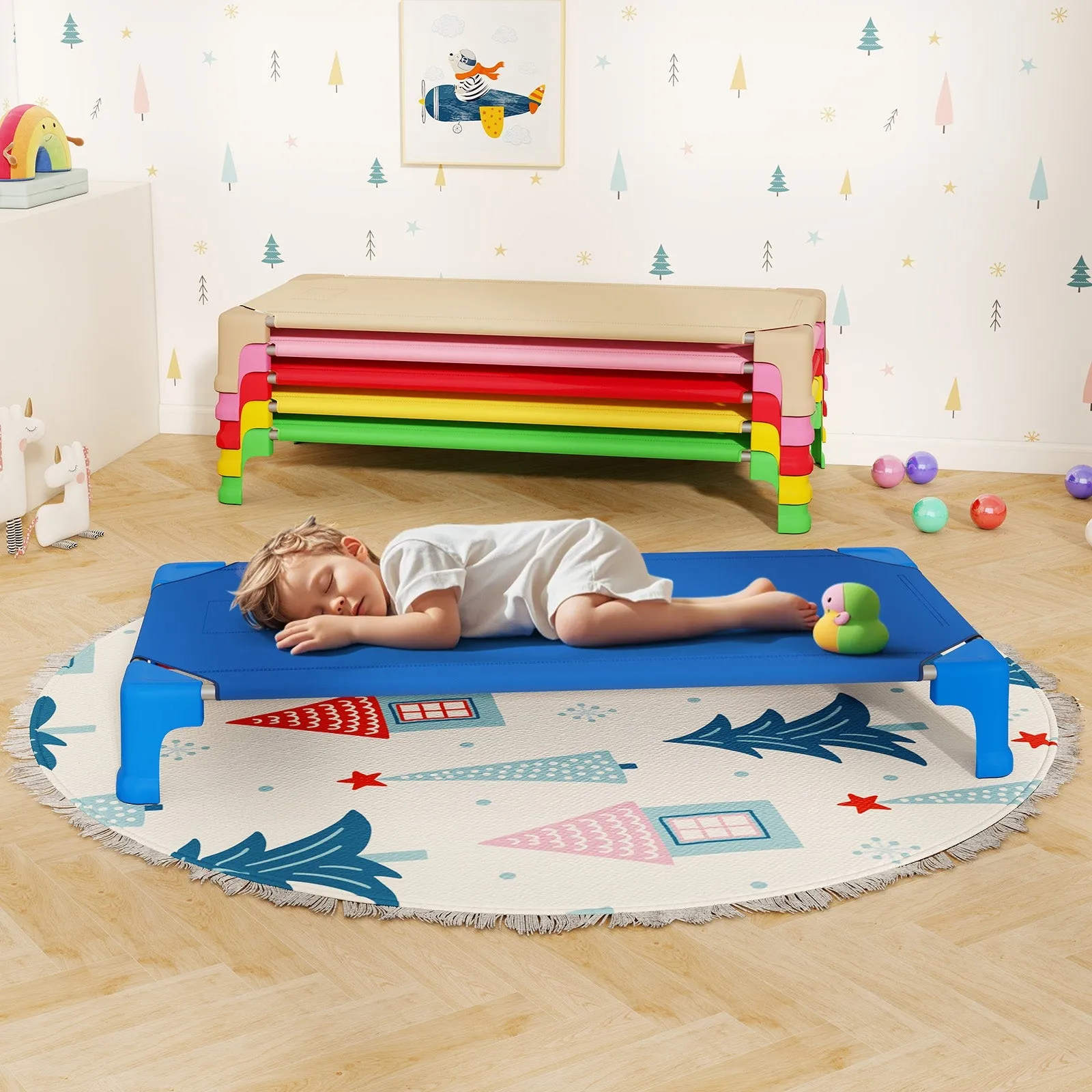 Portable 6 Pack Stackable Daycare Cots Sleeping Bed for Kids 53 Inch-Multicolor