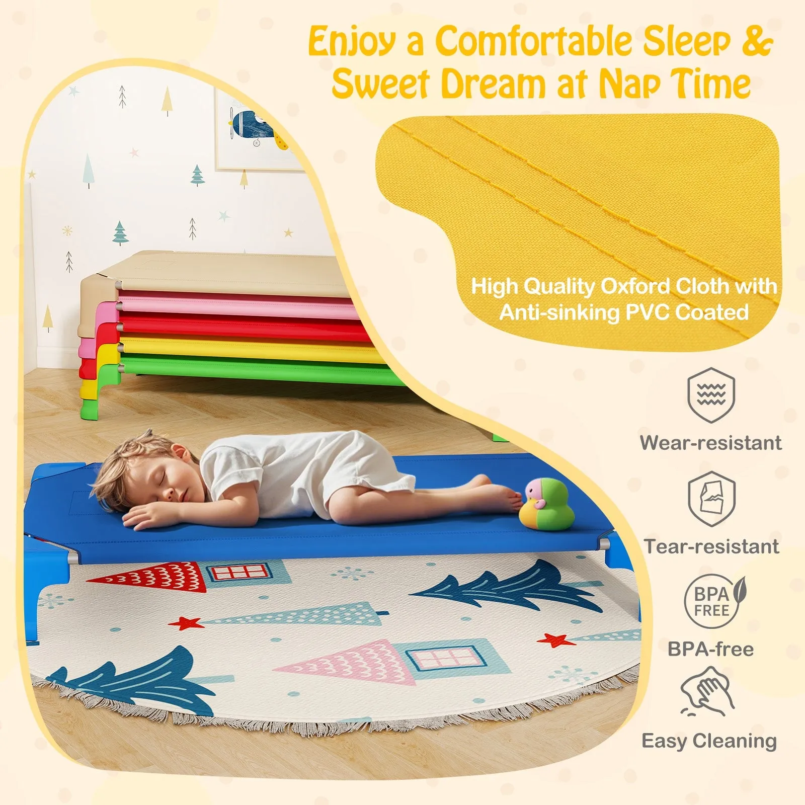 Portable 6 Pack Stackable Daycare Cots Sleeping Bed for Kids 53 Inch-Multicolor
