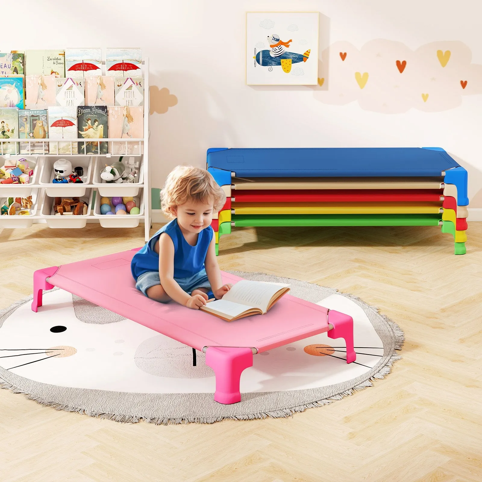 Portable 6 Pack Stackable Daycare Cots Sleeping Bed for Kids 53 Inch-Multicolor