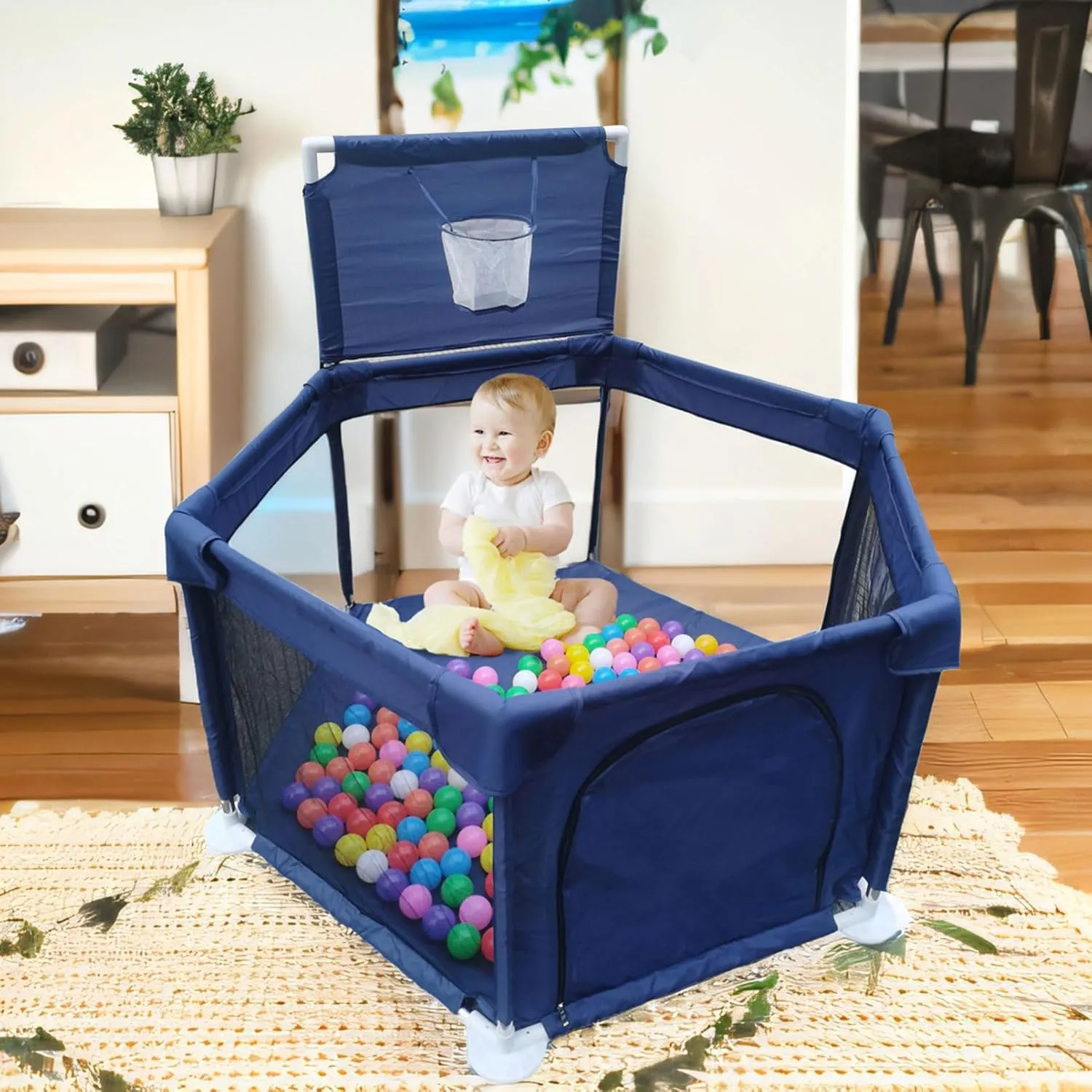 Portable Baby Ball Pit Playpen Playard Fence Playtent with Basketball Hoop Breathable Mesh for Indoors Outdoors Toddler Kids Large