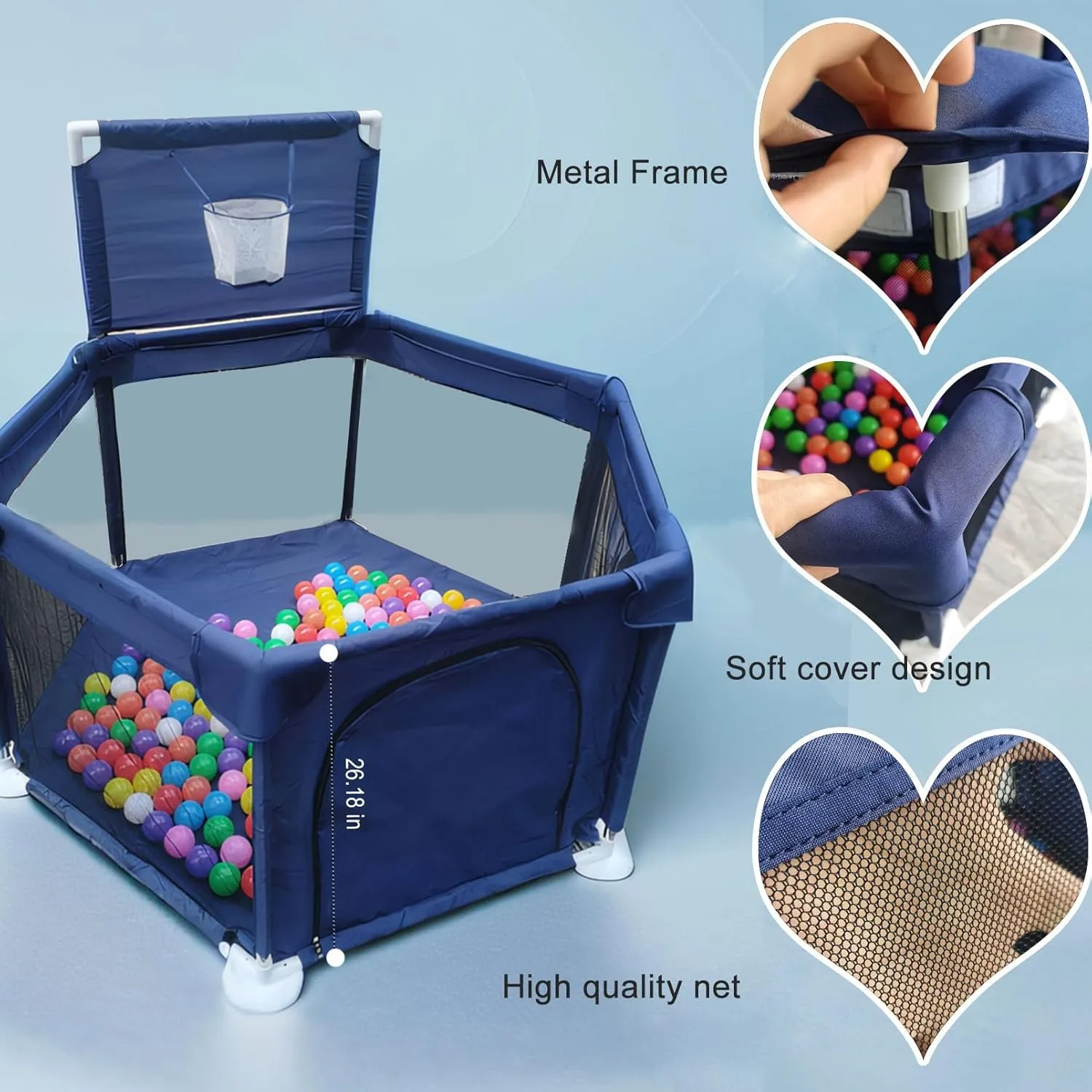 Portable Baby Ball Pit Playpen Playard Fence Playtent with Basketball Hoop Breathable Mesh for Indoors Outdoors Toddler Kids Large