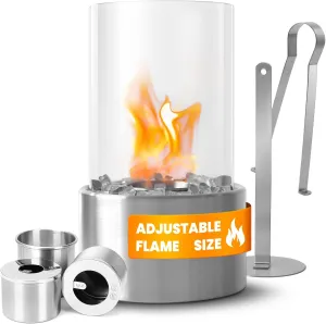 Portable Bio Ethanol Tabletop Fire Pit - Stainless Steel, Adjustable Flames - Indoor & Outdoor Mini Fire Bowl with Glass Beans for Home Decor