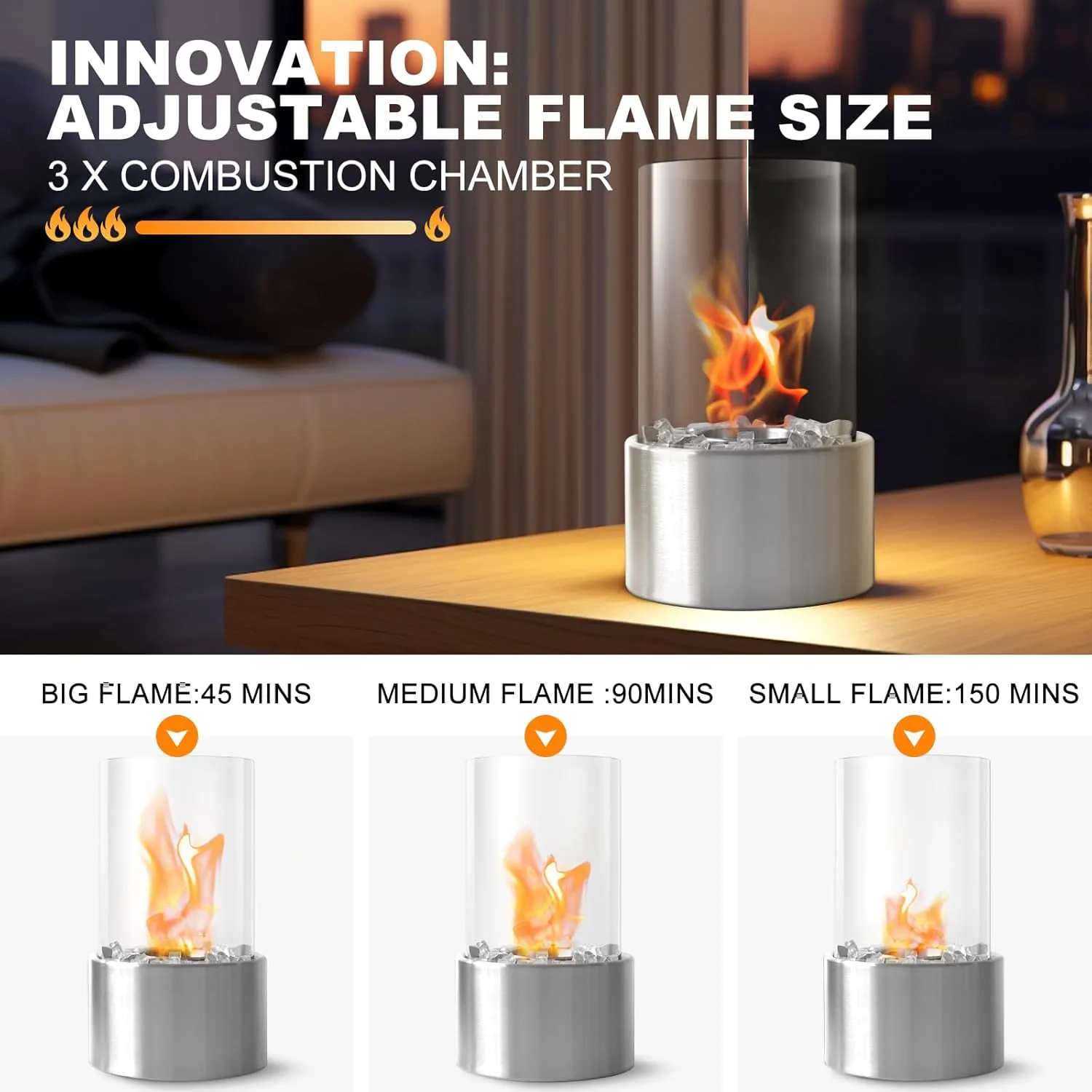 Portable Bio Ethanol Tabletop Fire Pit - Stainless Steel, Adjustable Flames - Indoor & Outdoor Mini Fire Bowl with Glass Beans for Home Decor