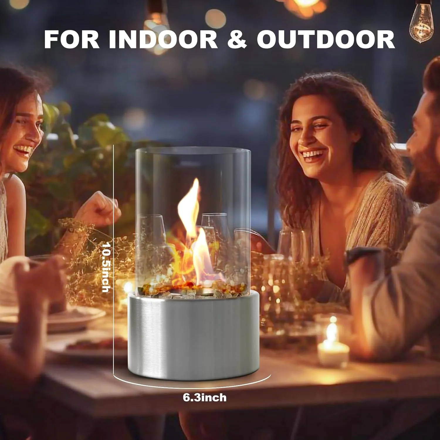 Portable Bio Ethanol Tabletop Fire Pit - Stainless Steel, Adjustable Flames - Indoor & Outdoor Mini Fire Bowl with Glass Beans for Home Decor