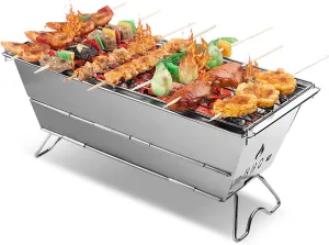 Portable Camping BBQ Grill Stainless Steel Folding Charcoal Backpacking Stove with storage Buckle Sunken Charcoal Trough for Outdoor Cooking