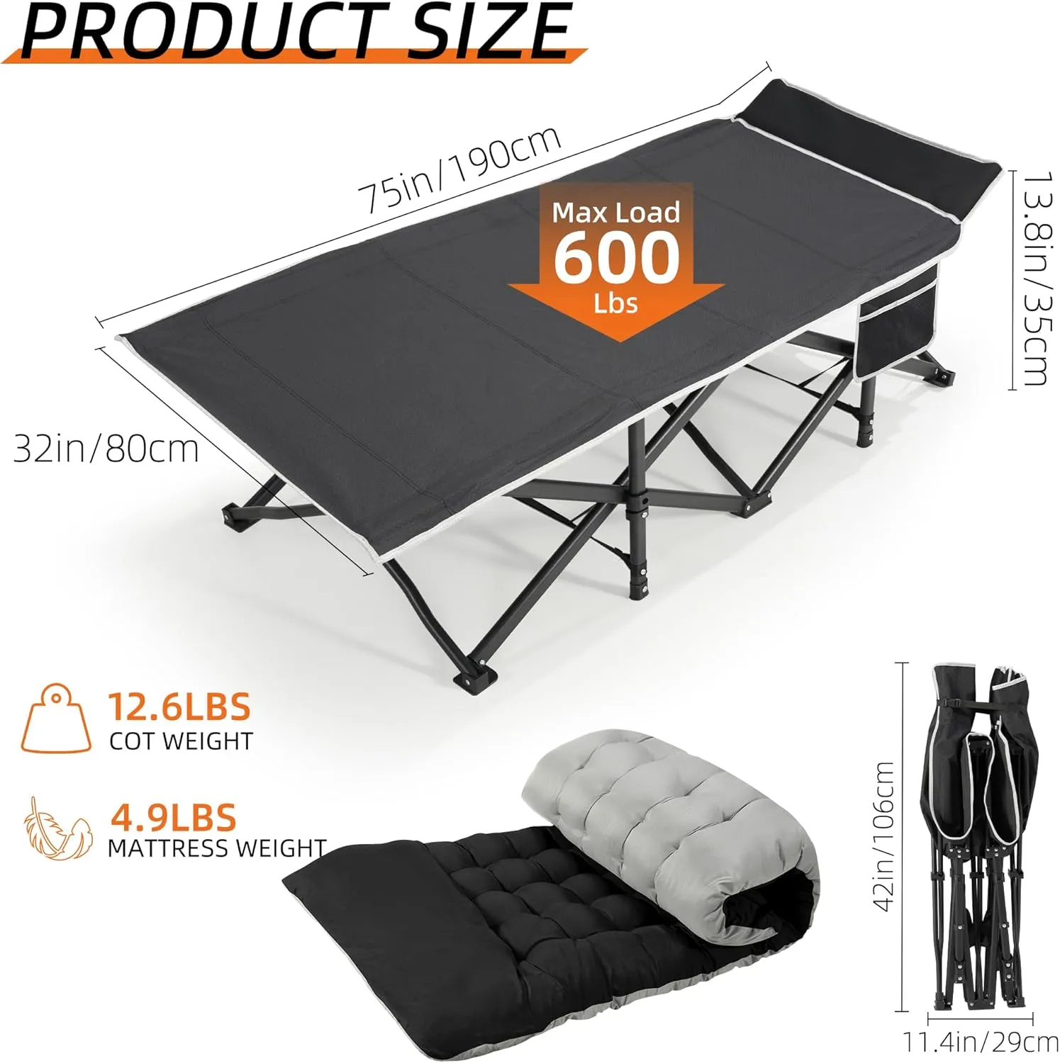 Portable Camping Cot, 32" Extra Wide Camping Cots for Adults with Thick Mattress, Heavy Duty Sleeping Cot Holds Up to 600LBS, Cots for Sleeping, Rv, Beach, Patio, Office Naps(Black)