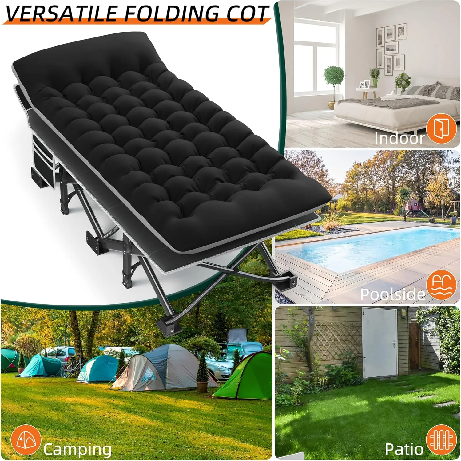 Portable Camping Cot, 32" Extra Wide Camping Cots for Adults with Thick Mattress, Heavy Duty Sleeping Cot Holds Up to 600LBS, Cots for Sleeping, Rv, Beach, Patio, Office Naps(Black)