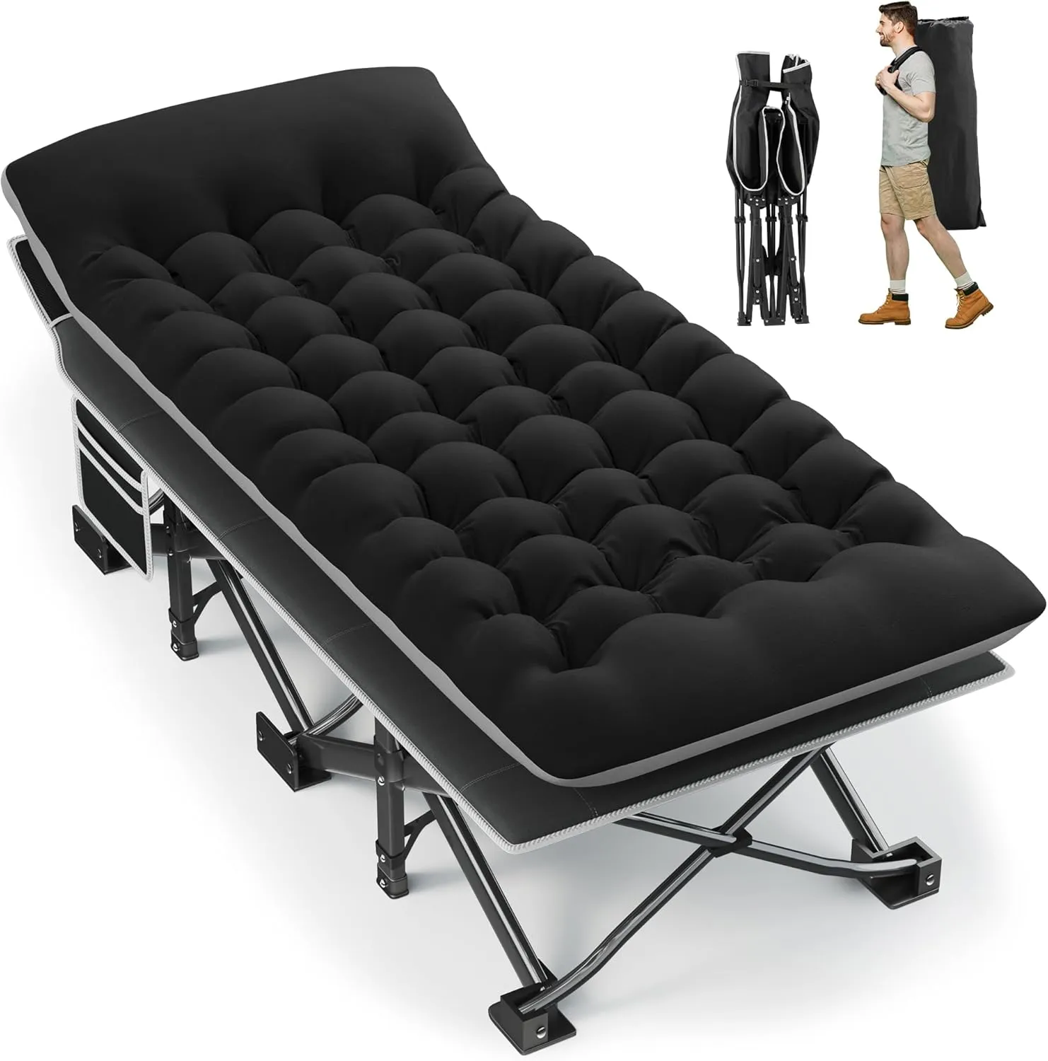 Portable Camping Cot, 32" Extra Wide Camping Cots for Adults with Thick Mattress, Heavy Duty Sleeping Cot Holds Up to 600LBS, Cots for Sleeping, Rv, Beach, Patio, Office Naps(Black)
