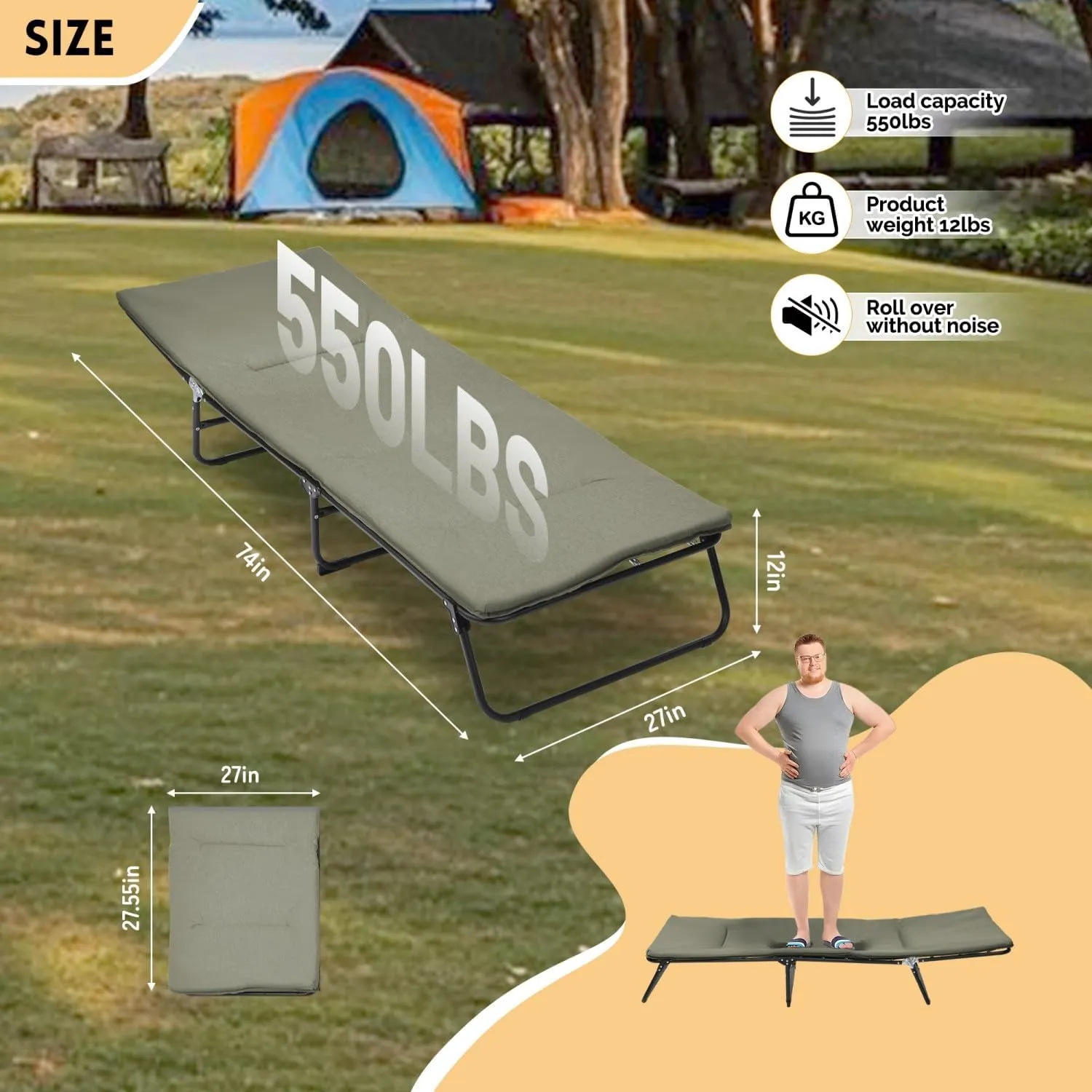 Portable Camping Cot for Adults,5-Angle Adjustabl Folding Cot for Sleeping with Carry Bag,Pillow and Soft Cushions,Heavy Duty Outdoor 1200 D Layer Oxford Travel Camp Cots (Green)