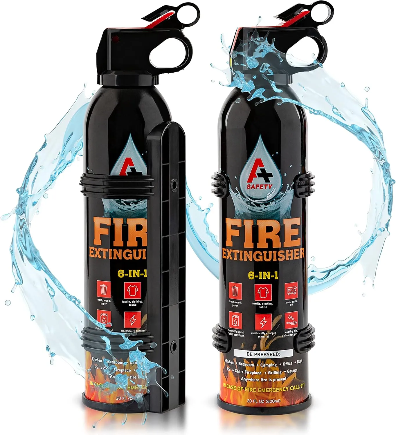 Portable Fire Extinguisher | 6-in-1 Small Fire Extinguisher for Home, Garage, Kitchen, Car | For Electric, Textile and Grease Fires | Non-Toxic, Easy Clean | Wall Mount Incl (2PK)