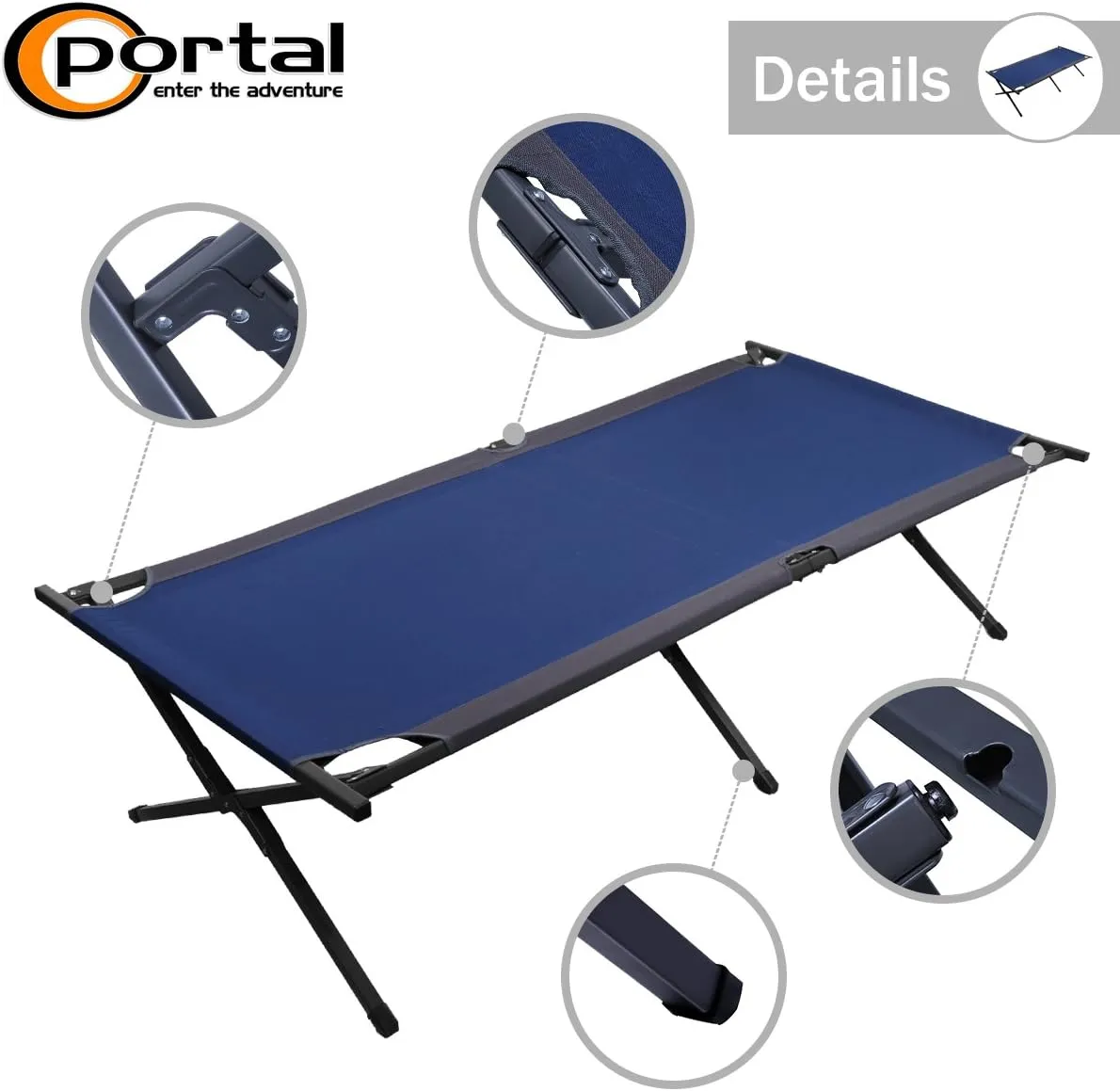 PORTAL Folding Portable Camping Cot, Guest Bed with Carry Bag and Side Storage Organizer, Camping Cots for Adults Sleeping, Away Tent Sleeping Cot Bed, Supports 300 LBS, Blue