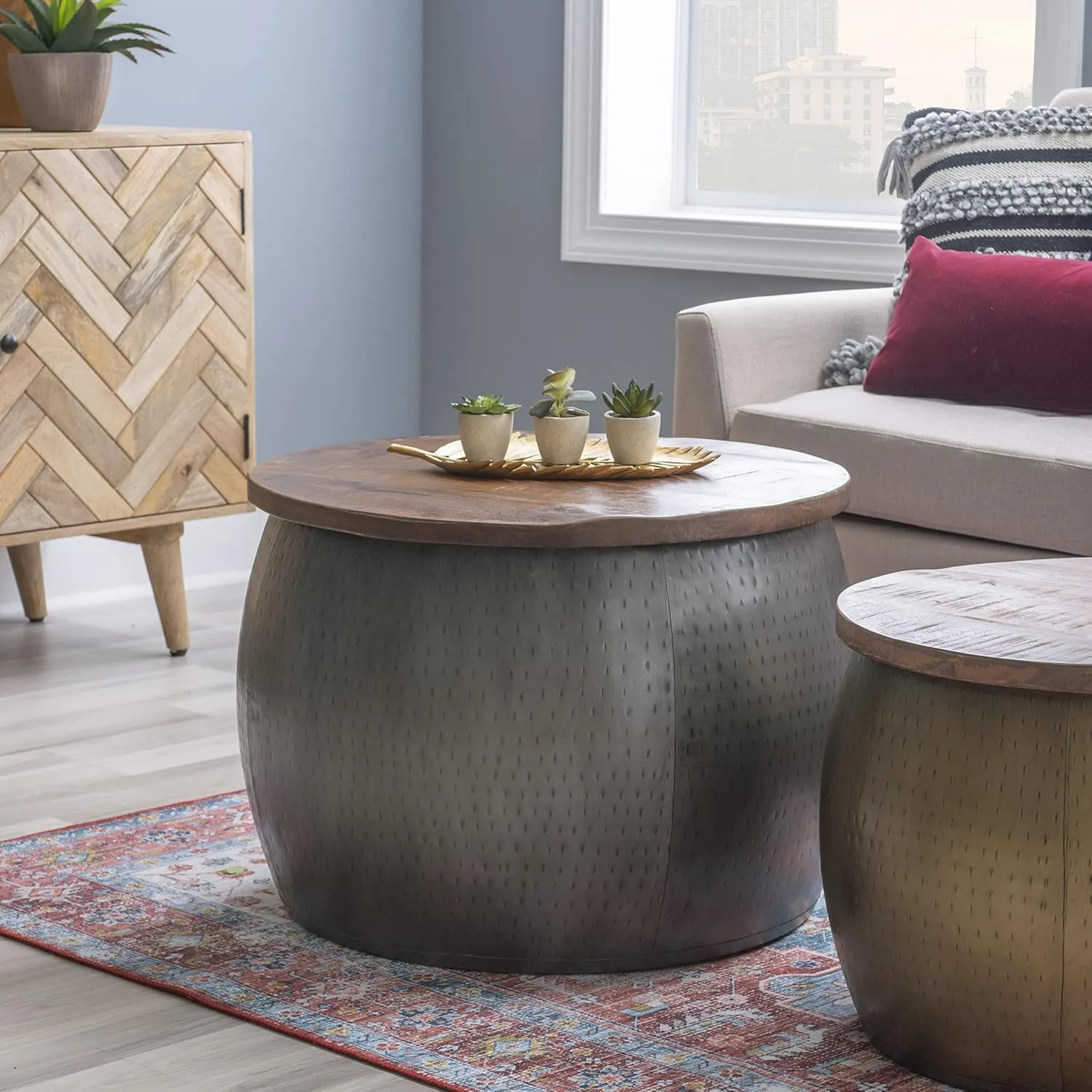 Powell Hammered Silver Drum with Natural Wood Lift Top for Storage Janice Table