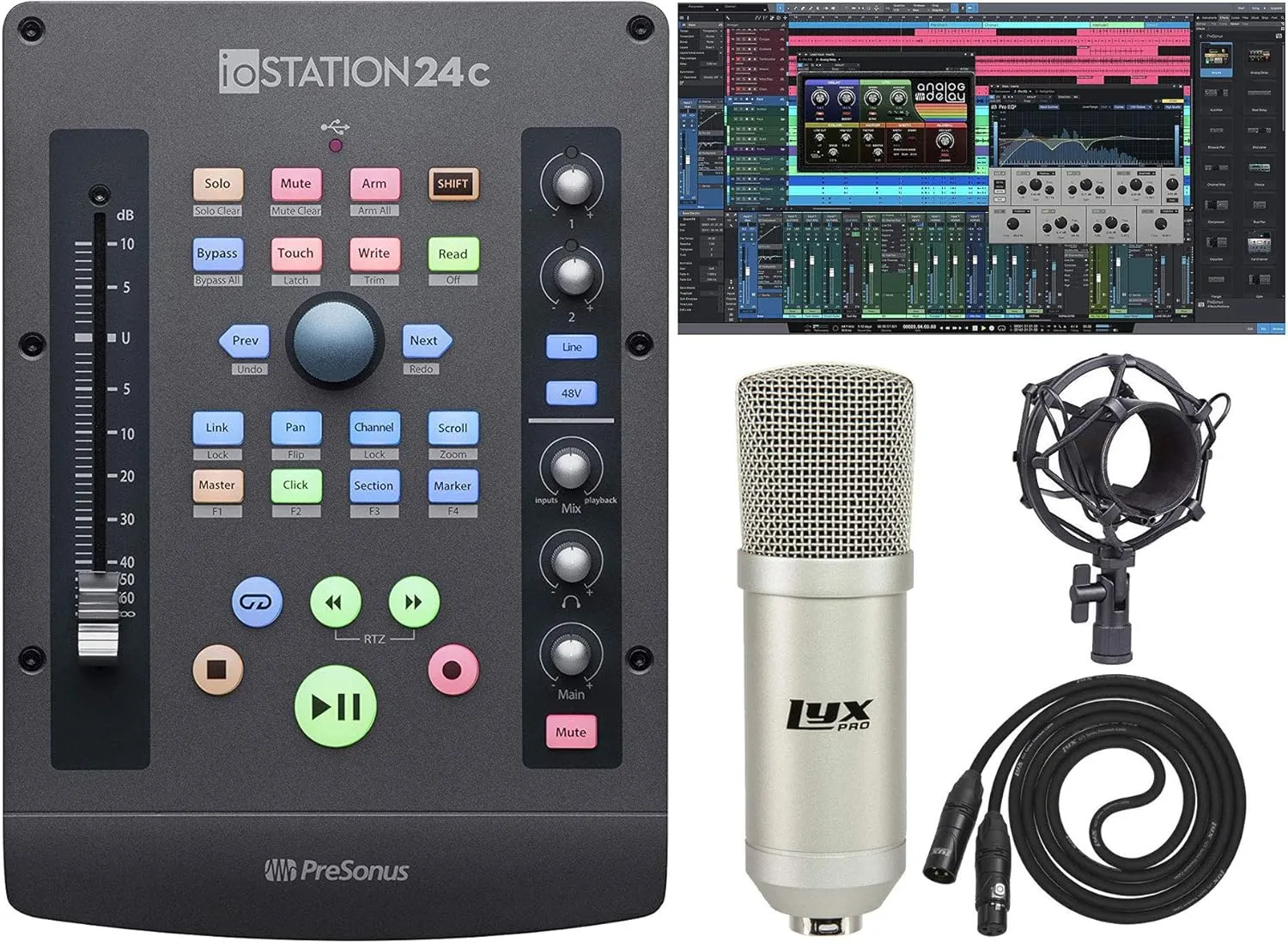Presonus ioStation 24c: 2x2 USB-C Compatible Audio Interface with Download for Studio One Artist and Studio Magic Plug-in suite included and Production Controller with Studio Microphone with XLR Cable