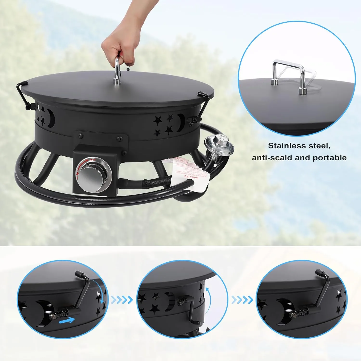 Propane Fire Pit,Gas Fire Pit,Steel Outdoor Portable Propane for Camping,Small Round Pit with Lid,Firebowl 17-Inch Diameter 58,000 BTU,Black,New Version