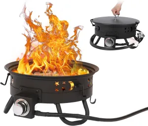 Propane Fire Pit,Gas Fire Pit,Steel Outdoor Portable Propane for Camping,Small Round Pit with Lid,Firebowl 17-Inch Diameter 58,000 BTU,Black,New Version