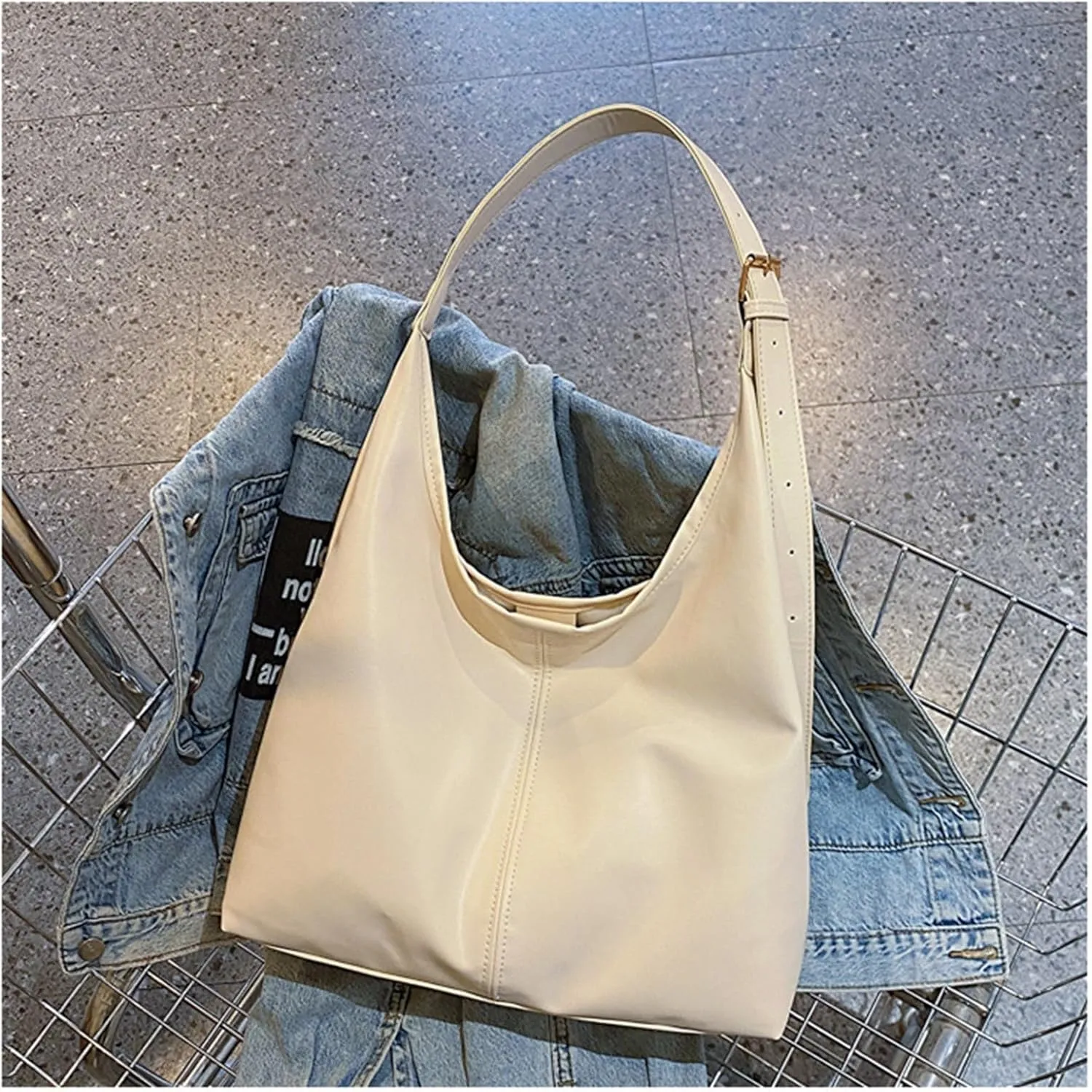 PU Bag Large Capacity Tote Bag Women's Bag Shoulder Bag(White)