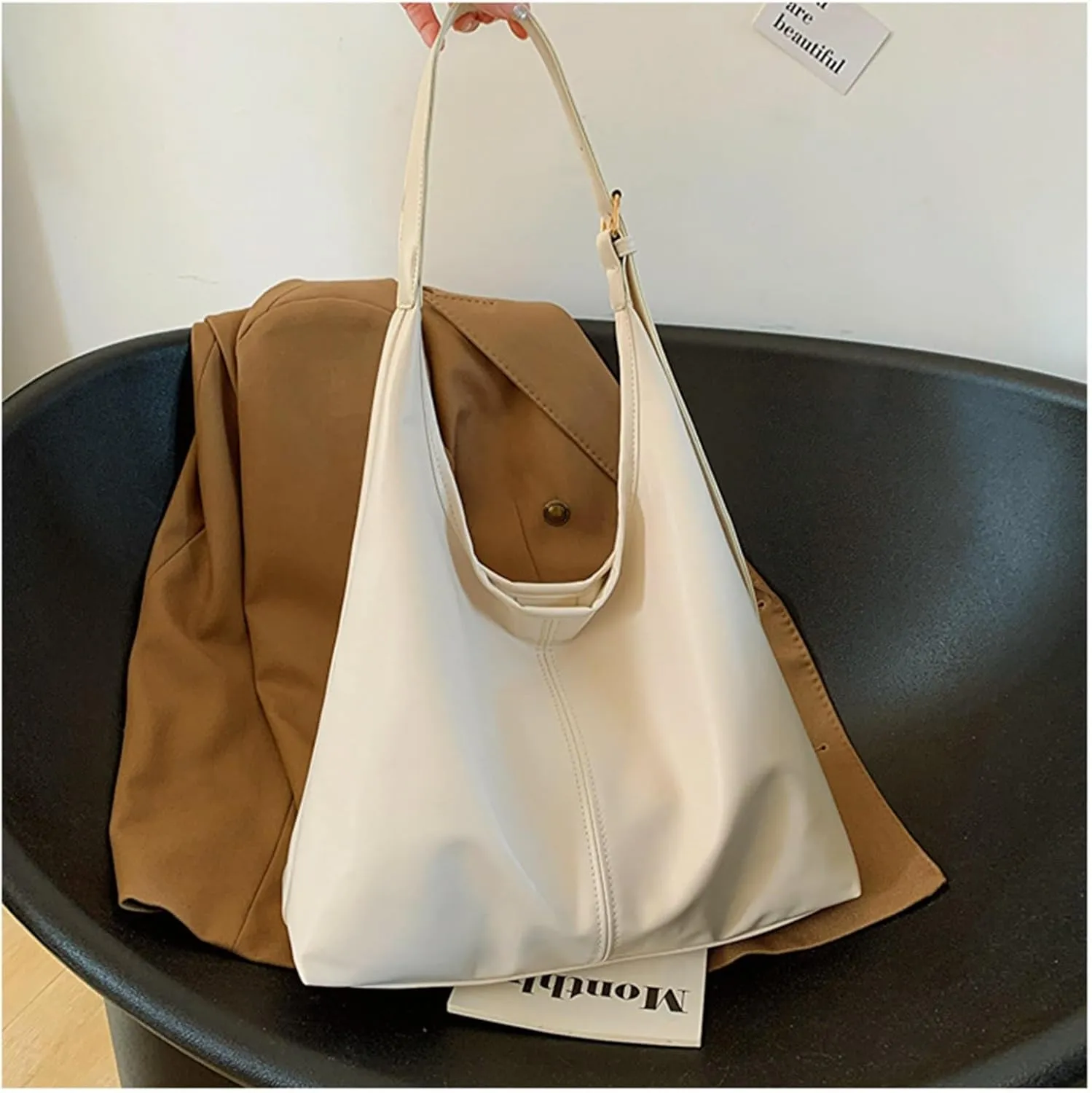 PU Bag Large Capacity Tote Bag Women's Bag Shoulder Bag(White)