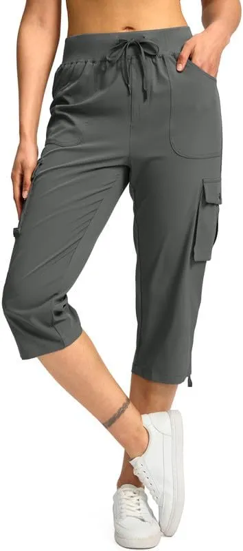 Pudolla Women's Cargo Capri Pants Lightweight Quick Dry Hiking Pants Summer Travel Casual Capris with 5 Pockets