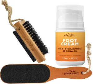 Pumice Valley Foot Cream for Dry Cracked Feet and Heels Urea, Shea Butter, Jojoba Oil, Vitamin E - Wooden Cleaning Finger Nail Brush with Nylon Charcoal Bristles&Hanging Rope - Pumice Stone Foot File