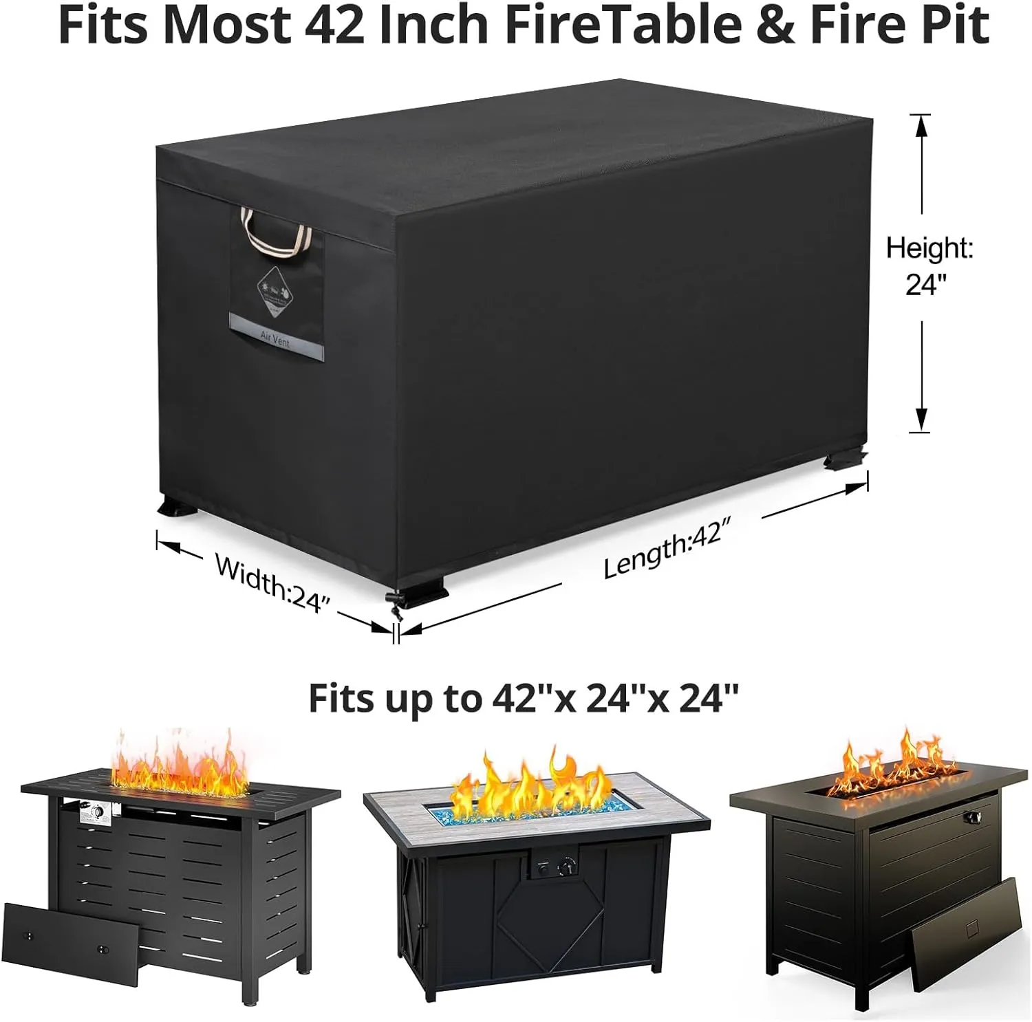 QH.HOME Fire Pit Cover Rectangular Super Waterproof 42" L x 24" W x 24" H, UPF 50  Outdoor Fire Pit Table Cover 600D Strong Tear Resistant and Fading Resistant for Rectangular Fire Pit - Black
