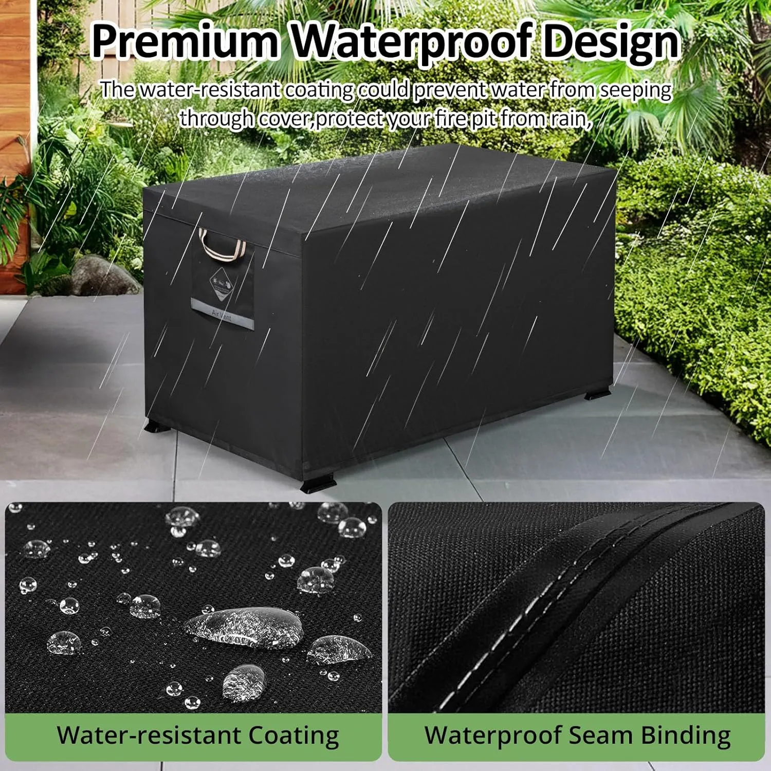QH.HOME Fire Pit Cover Rectangular Super Waterproof 42" L x 24" W x 24" H, UPF 50  Outdoor Fire Pit Table Cover 600D Strong Tear Resistant and Fading Resistant for Rectangular Fire Pit - Black