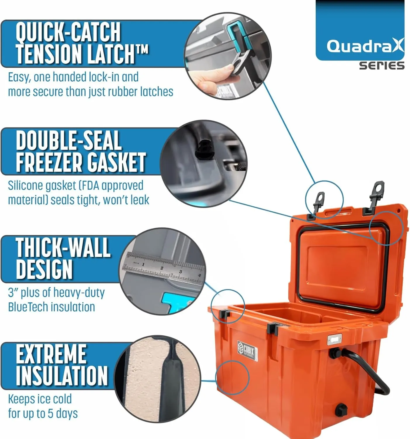 QuadraX 20 QT Rotomolded Cooler - 5-Day Ice Retention, Portable Hard Coolers Ice Chest with Cup Holders