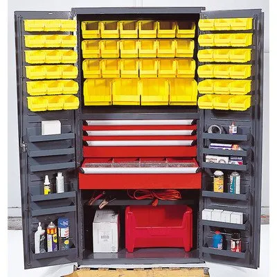 Quantum QSC-3672-4DBK Modular Shelving Cabinet | (36) QUS220 (18) QUS230 (4) QUS240 Clear Black Bin (2) Drawer and (12) Shelf for Industrial | 800 lb Capacity | 36"W x 24"D x 72"H, Gray, Carbon Steel