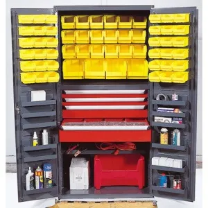 Quantum QSC-3672-4DRD Modular Shelving Cabinet with (36) QUS220 (18) QUS230 (4) QUS240 Red Bins (2) Drawers and (12) Shelf for Industrial | 800 lbs Capacity | 36"W x 24"D x 72"H, Gray, Carbon Steel