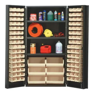 Quantum QSC-36S-38IV Modular Shelving Cabinet with (16) QUS232 (16) QUS236 and (6) QUS250 Ivory Bins and (3) Shelf for Industrial Supply | 800 lbs Capacity | 36"W x 24"D x 72"H, Gray, Carbon Steel