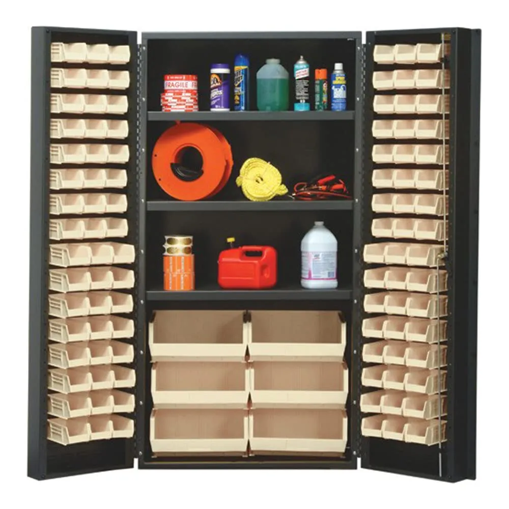 Quantum QSC-36S-38IV Modular Shelving Cabinet with (16) QUS232 (16) QUS236 and (6) QUS250 Ivory Bins and (3) Shelf for Industrial Supply | 800 lbs Capacity | 36"W x 24"D x 72"H, Gray, Carbon Steel