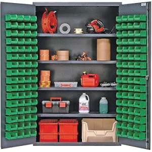 Quantum QSC-4803BL Modular Shelving Cabinet with (4) Adjustable Interior Shelves and (128) QUS210 Blue Bins for Industrial Distribution | 400 lbs Capacity | 48"W x 24"D x 78"H, Gray, Carbon Steel