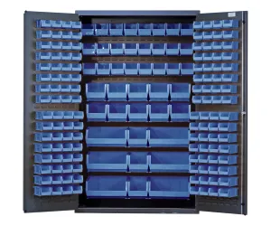 Quantum QSC-48BL Modular Shelving Cabinet with (64) QUS210 (64) QUS220 (24) QUS230 (13) QUS240 and (6) QUS250 Blue Bin for Industrial Supply | 400 lbs Capacity | 48"W x 24"D x 78"H, Gray, Carbon Steel