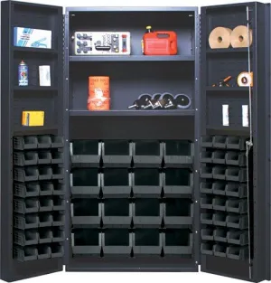 Quantum QSC-64-2S-6DSBK Modular Shelving Cabinet with (48) QUS220 (16) QUS240 Black Bins and (2) Adjustable Interior Shelf for Industrial | 800 lbs Capacity | 36"W x 24"D x 72"H, Gray, Carbon Steel