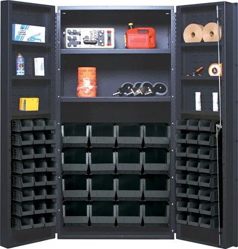 Quantum QSC-64-2S-6DSBK Modular Shelving Cabinet with (48) QUS220 (16) QUS240 Black Bins and (2) Adjustable Interior Shelf for Industrial | 800 lbs Capacity | 36"W x 24"D x 72"H, Gray, Carbon Steel