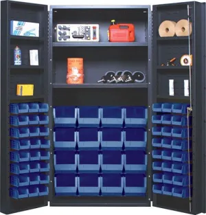Quantum QSC-64-2S-6DSBL Modular Shelving Cabinet with (48) QUS220 (16) QUS240 Blue Bins and (2) Adjustable Interior Shelf for Industrial | 800 lbs Capacity | 36"W x 24"D x 72"H, Gray, Carbon Steel