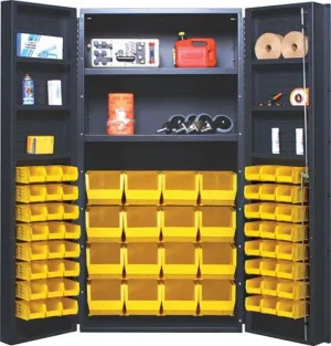 Quantum QSC-64-2S-6DSYL Modular Shelving Cabinet with (48) QUS220 (16) QUS240 Yellow Bins and (2) Adjustable Interior Shelf for Industrial | 800 lbs Capacity | 36"W x 24"D x 72"H, Gray, Carbon Steel