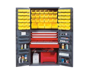 Quantum QSC-BG-3672-4DYL Modular Shelving Cabinet | (36) QUS220 (18) QUS230 (4) QUS240 Yellow Bin (2) Drawer and (12) Shelf for Industrial | 800 lb Capacity | 36"W x 24"D x 72"H, Beige, Carbon Steel