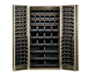 Quantum QSC-BG-36CL Modular Shelving Cabinet with (48) QUS210 (48) QUS220 (18) QUS230 (12) QUS240 and (6) QUS250 Clear Bins for Industrial | 800 lb Capacity | 36"W x 24"D x 72"H, Beige, Carbon Steel