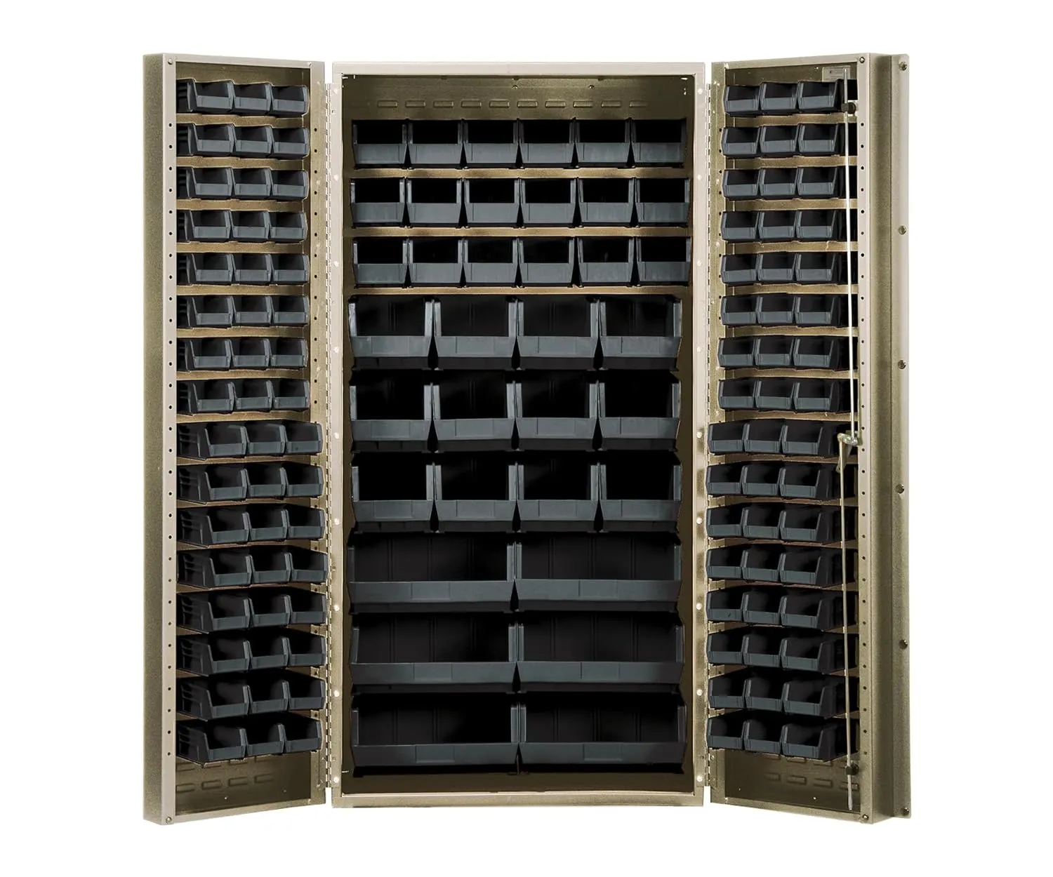 Quantum QSC-BG-36CL Modular Shelving Cabinet with (48) QUS210 (48) QUS220 (18) QUS230 (12) QUS240 and (6) QUS250 Clear Bins for Industrial | 800 lb Capacity | 36"W x 24"D x 72"H, Beige, Carbon Steel