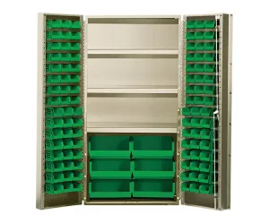 Quantum QSC-BG-36SGN Modular Shelving Cabinet with (48) QUS210 (48) QUS220 and (6) QUS250 Green Bins and (3) Shelf for Industrial Supply | 800 lbs Capacity | 36"W x 24"D x 72"H, Beige, Carbon Steel
