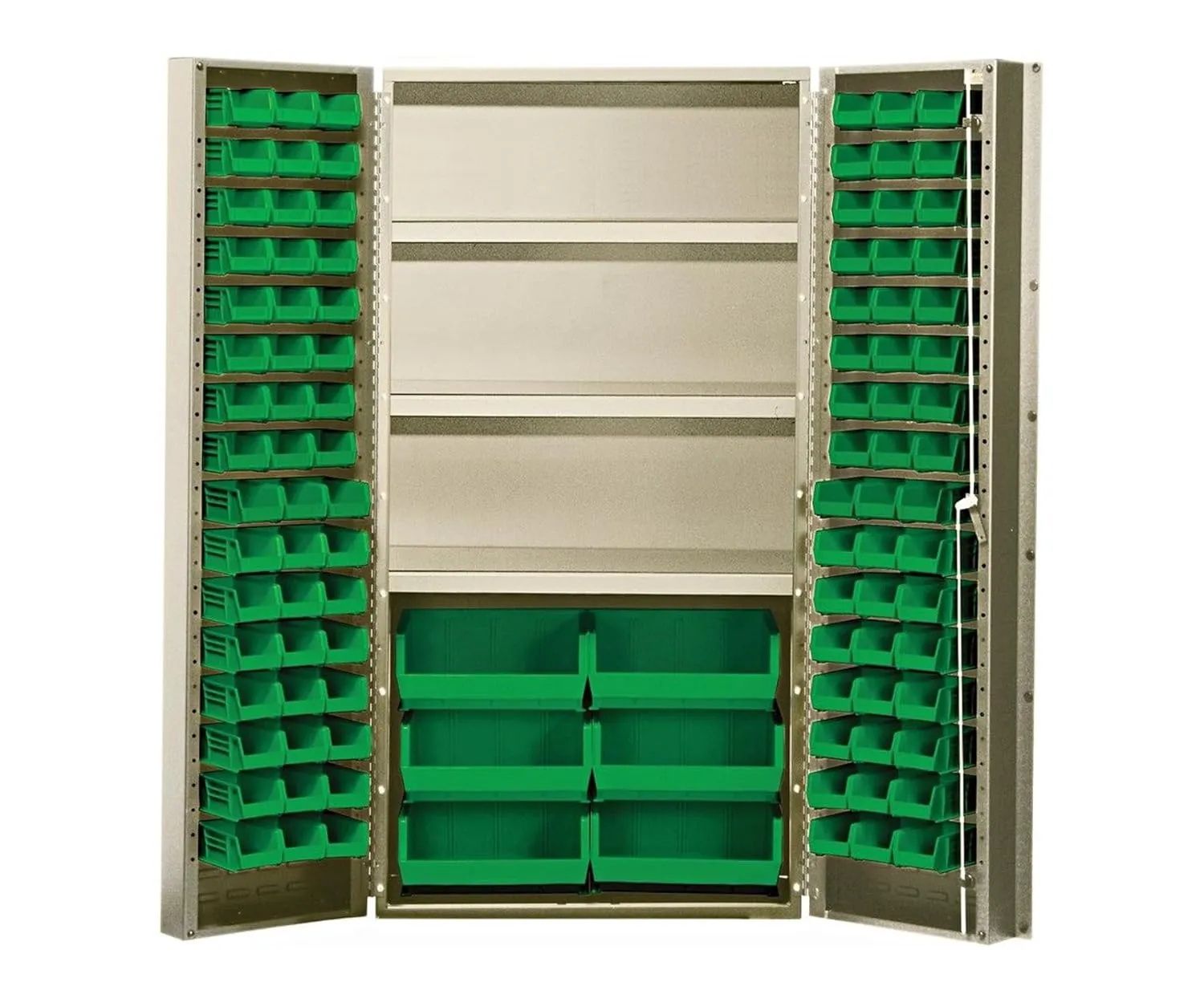 Quantum QSC-BG-36SGN Modular Shelving Cabinet with (48) QUS210 (48) QUS220 and (6) QUS250 Green Bins and (3) Shelf for Industrial Supply | 800 lbs Capacity | 36"W x 24"D x 72"H, Beige, Carbon Steel