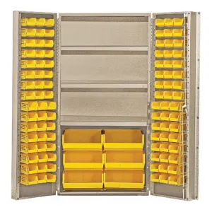 Quantum QSC-BG-36SYL Modular Shelving Cabinet with (48) QUS210 (48) QUS220 and (6) QUS250 Yellow Bins and (3) Shelf for Industrial Supply | 800 lb Capacity | 36"W x 24"D x 72"H, Beige, Carbon Steel