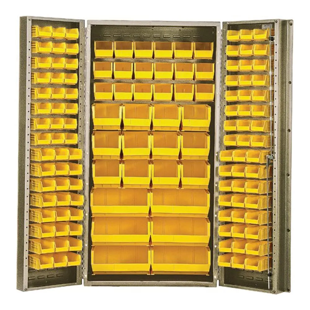 Quantum QSC-BG-36YL Modular Shelving Cabinet with (48) QUS210 (48) QUS220 (18) QUS230 (12) QUS240 and (6) QUS250 Yellow Bins for Industrial | 800 lb Capacity, 36"W x 24"D x 72"H, Beige, Carbon Steel