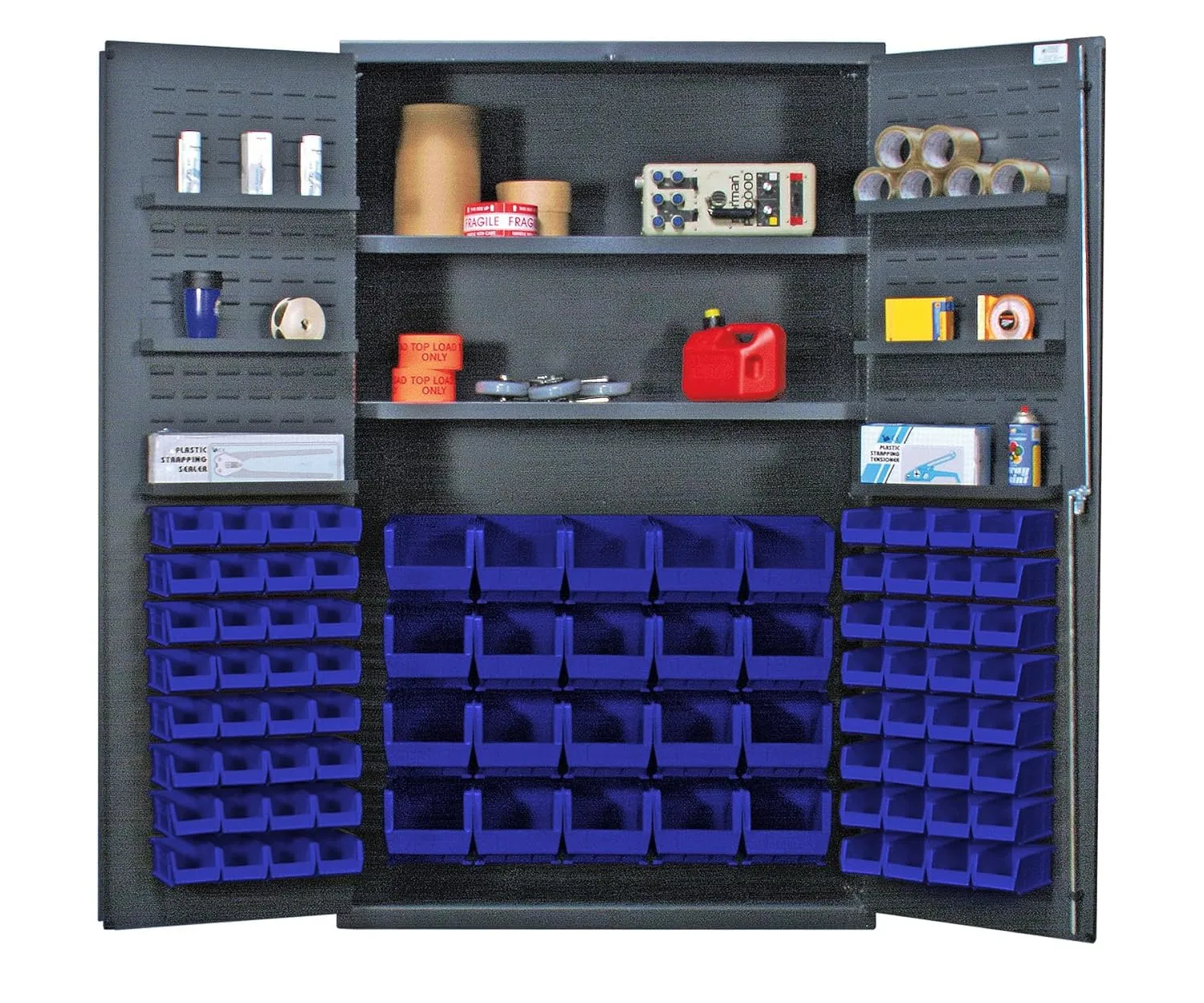 Quantum QSC-BG-4804BL Modular Shelving Cabinet with (20) QUS240 (64) QUS220 Blue Bins and (6) Door Shelves for Industrial Distribution | 400 lbs Capacity | 48"W x 24"D x 78"H, Beige, Carbon Steel