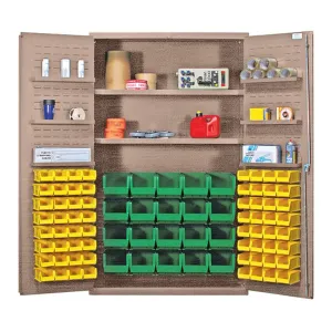 Quantum QSC-BG-4804YL Modular Shelving Cabinet with (20) QUS240 (64) QUS220 Yellow Bins and (6) Door Shelves for Industrial Distribution | 400 lb Capacity | 48"W x 24"D x 78"H, Beige, Carbon Steel